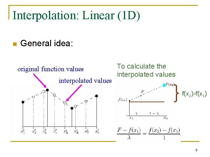 Interpolation: Linear (1 D) n General idea: original function values interpolated values To calculate