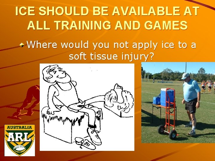 ICE SHOULD BE AVAILABLE AT ALL TRAINING AND GAMES Where would you not apply