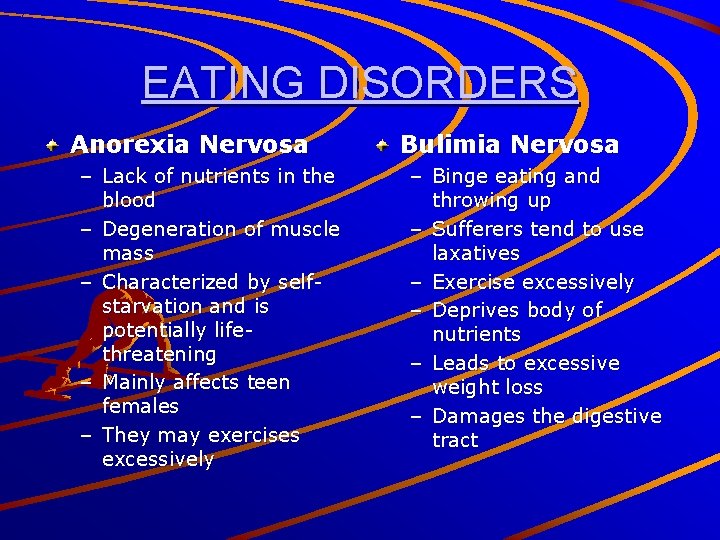 EATING DISORDERS Anorexia Nervosa – Lack of nutrients in the blood – Degeneration of