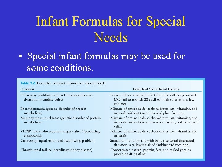 Infant Formulas for Special Needs • Special infant formulas may be used for some