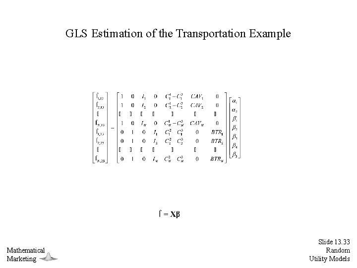 GLS Estimation of the Transportation Example Mathematical Marketing Slide 13. 33 Random Utility Models