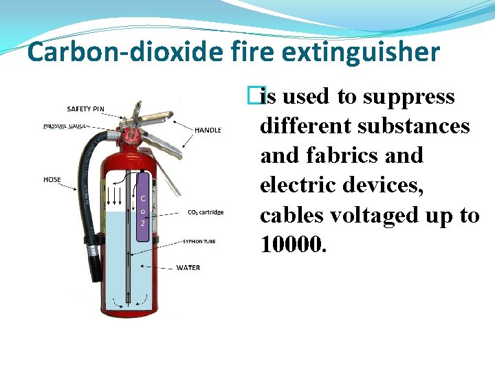 Carbon-dioxide fire extinguisher �is used to suppress different substances and fabrics and electric devices,