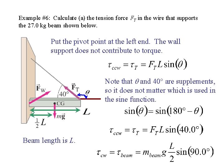 Example #6: Calculate (a) the tension force FT in the wire that supports the Example #6: Calculate (a) the tension force FT in the wire that supports the