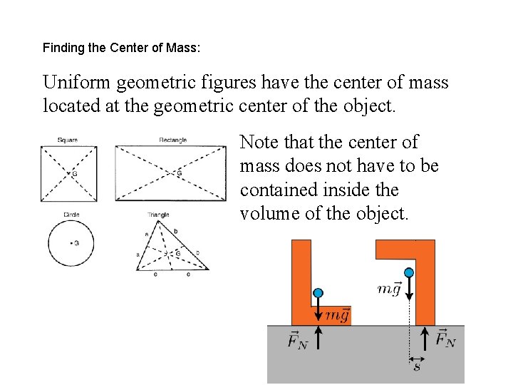 Finding the Center of Mass: Uniform geometric figures have the center of mass located Finding the Center of Mass: Uniform geometric figures have the center of mass located