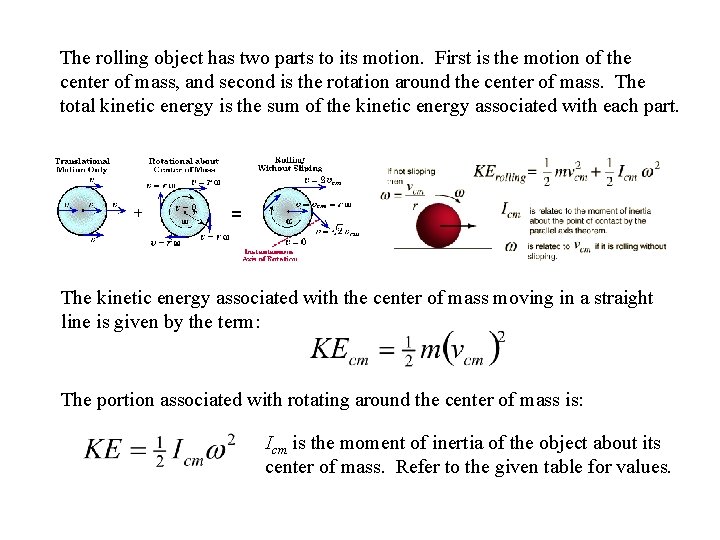 The rolling object has two parts to its motion. First is the motion of The rolling object has two parts to its motion. First is the motion of
