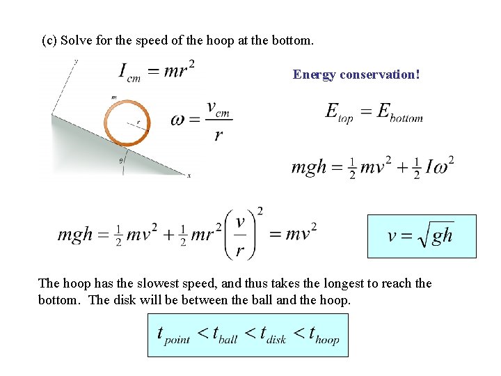 (c) Solve for the speed of the hoop at the bottom. Energy conservation! The (c) Solve for the speed of the hoop at the bottom. Energy conservation! The