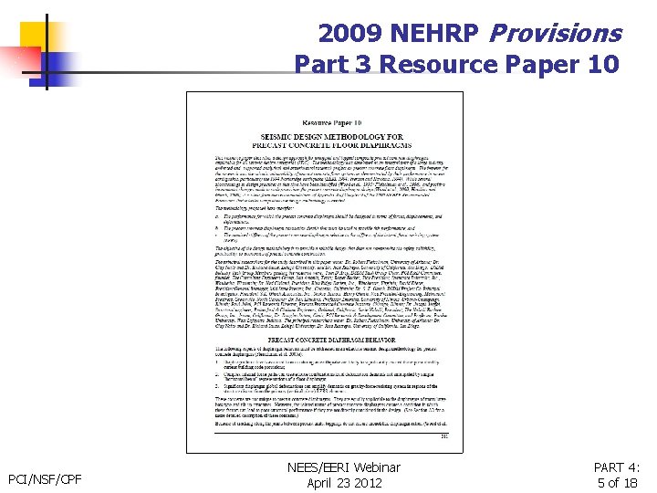2009 NEHRP Provisions Part 3 Resource Paper 10 PCI/NSF/CPF NEES/EERI Webinar April 23 2012