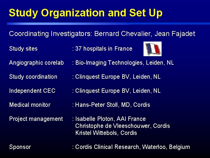 Study Organization and Set Up Coordinating Investigators: Bernard Chevalier, Jean Fajadet Study sites : Study Organization and Set Up Coordinating Investigators: Bernard Chevalier, Jean Fajadet Study sites :