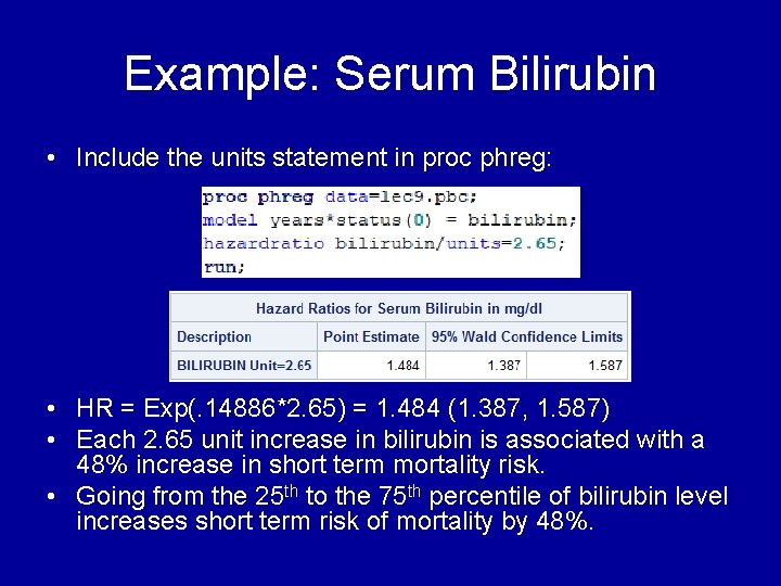 Example: Serum Bilirubin • Include the units statement in proc phreg: • HR = Example: Serum Bilirubin • Include the units statement in proc phreg: • HR =