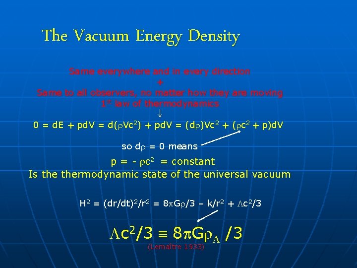 The Vacuum Energy Density Same everywhere and in every direction + Same to all