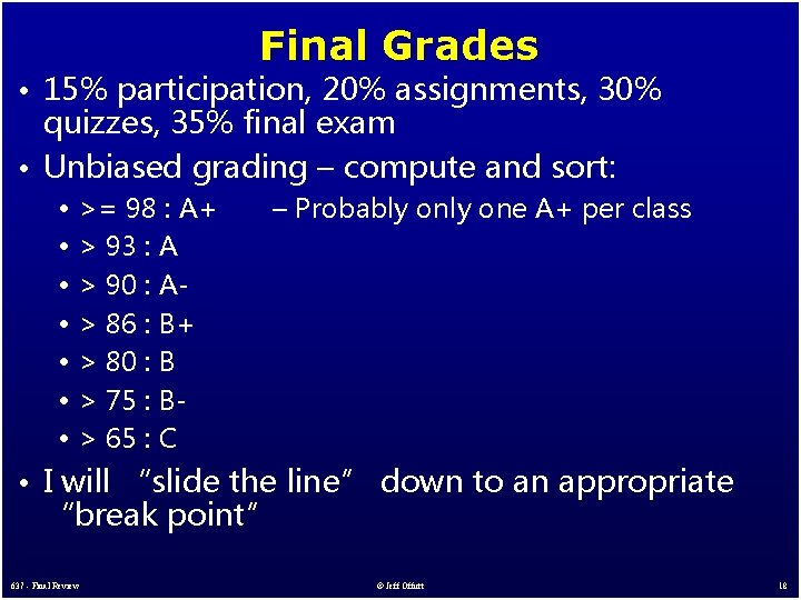 Final Grades • 15% participation, 20% assignments, 30% quizzes, 35% final exam • Unbiased