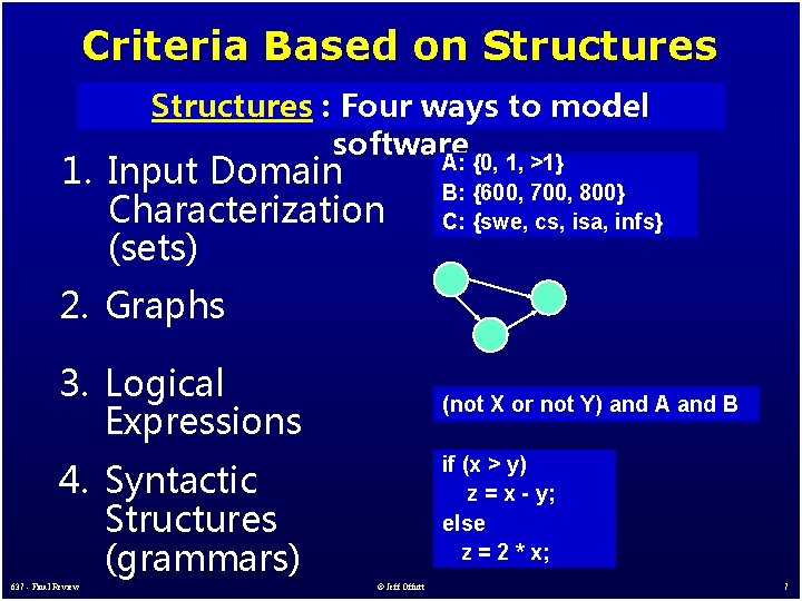 Criteria Based on Structures : Four ways to model software 1. Input Domain Characterization