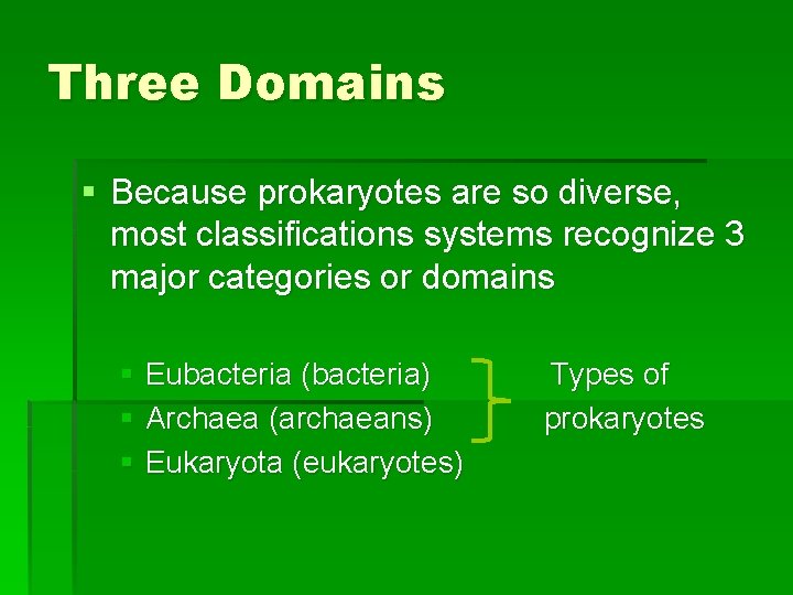 Three Domains § Because prokaryotes are so diverse, most classifications systems recognize 3 major