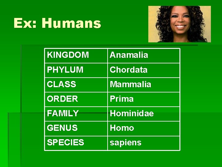 Ex: Humans KINGDOM Anamalia PHYLUM Chordata CLASS Mammalia ORDER Prima FAMILY Hominidae GENUS Homo