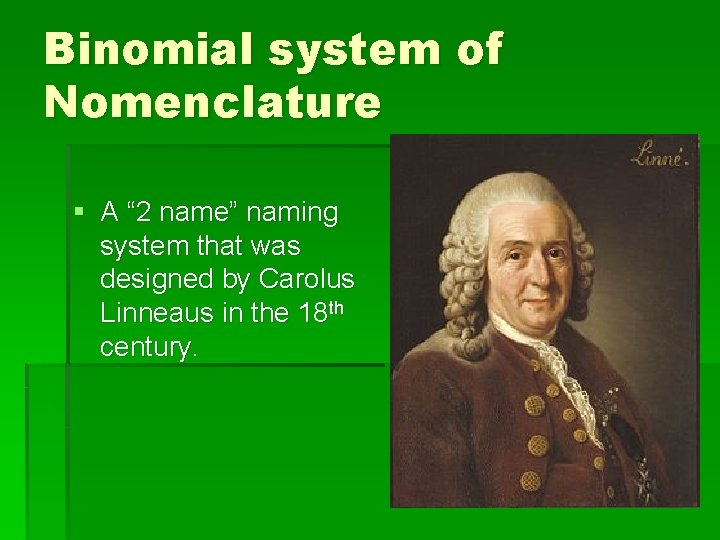 Binomial system of Nomenclature § A “ 2 name” naming system that was designed