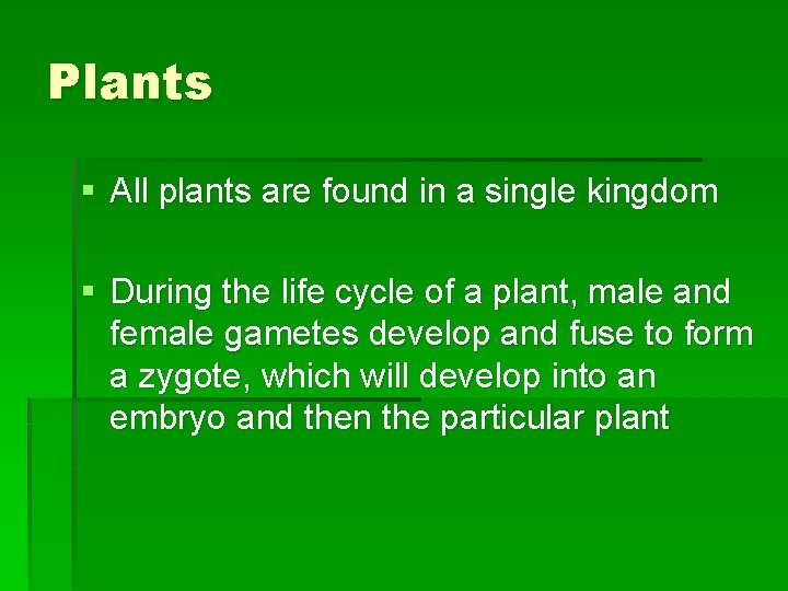 Plants § All plants are found in a single kingdom § During the life