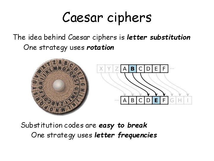 Caesar ciphers The idea behind Caesar ciphers is letter substitution One strategy uses rotation