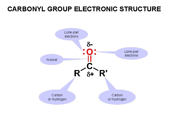 CARBONYL GROUP ELECTRONIC STRUCTURE Lone-pair electrons π-bond + Carbon or Hydrogen 