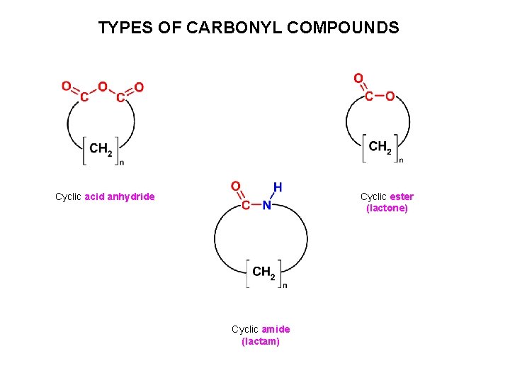 TYPES OF CARBONYL COMPOUNDS Cyclic acid anhydride Cyclic ester (lactone) Cyclic amide (lactam) 