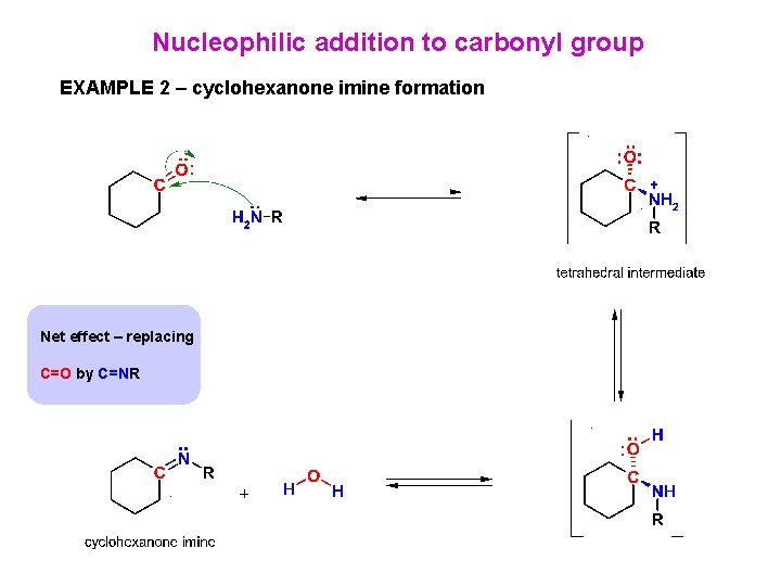 Nucleophilic addition to carbonyl group EXAMPLE 2 – cyclohexanone imine formation Net effect –