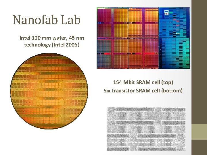 Nanofab Lab Intel 300 mm wafer, 45 nm technology (Intel 2006) 154 Mbit SRAM