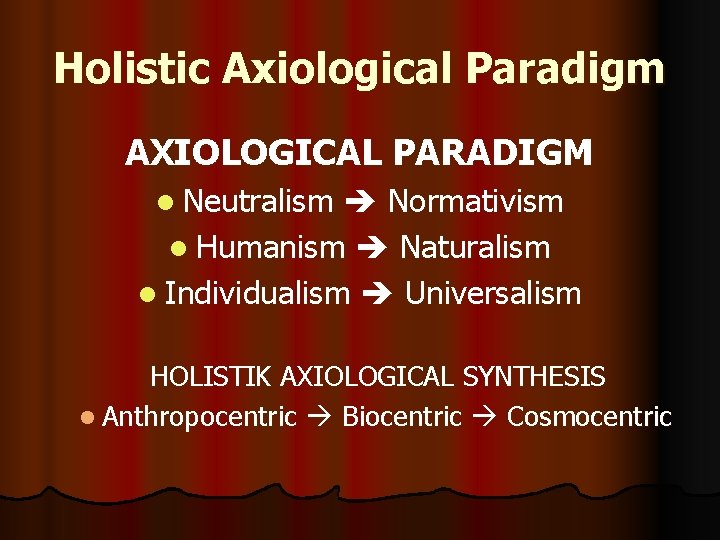 Holistic Axiological Paradigm AXIOLOGICAL PARADIGM l Neutralism Normativism l Humanism Naturalism l Individualism Universalism Holistic Axiological Paradigm AXIOLOGICAL PARADIGM l Neutralism Normativism l Humanism Naturalism l Individualism Universalism