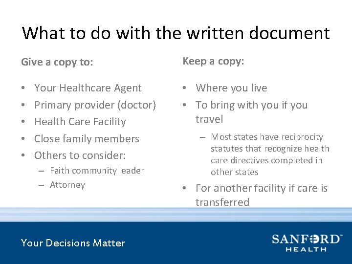 What to do with the written document Give a copy to: • • •