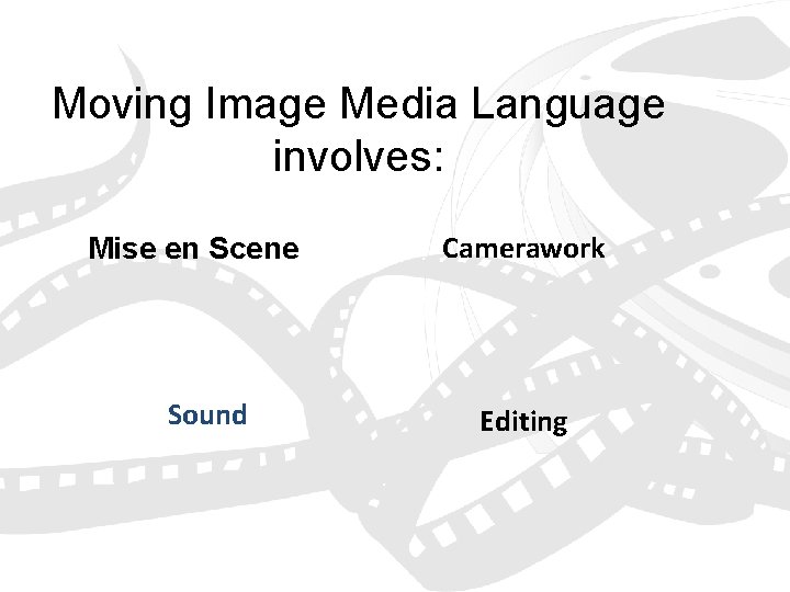 Moving Image Media Language involves: Mise en Scene Sound Camerawork Editing 