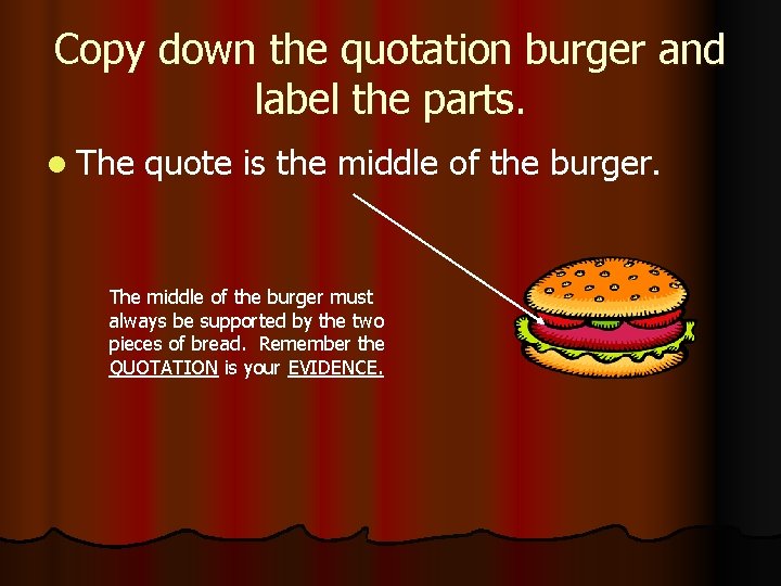 Copy down the quotation burger and label the parts. l The quote is the Copy down the quotation burger and label the parts. l The quote is the