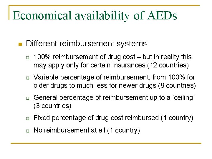 Economical availability of AEDs n Different reimbursement systems: q q q 100% reimbursement of