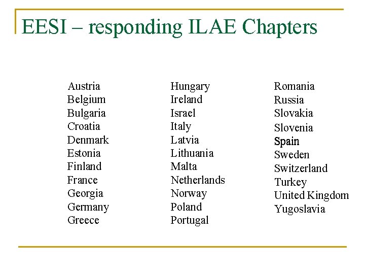 EESI – responding ILAE Chapters Austria Belgium Bulgaria Croatia Denmark Estonia Finland France Georgia