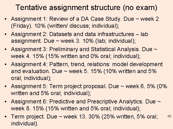 Tentative assignment structure (no exam) • Assignment 1: Review of a DA Case Study.