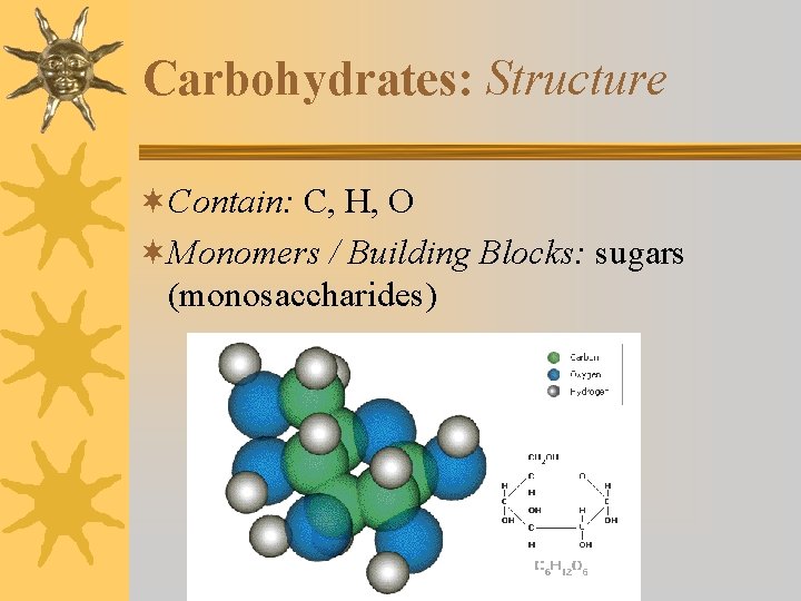 Carbohydrates: Structure ¬Contain: C, H, O ¬Monomers / Building Blocks: sugars (monosaccharides) 