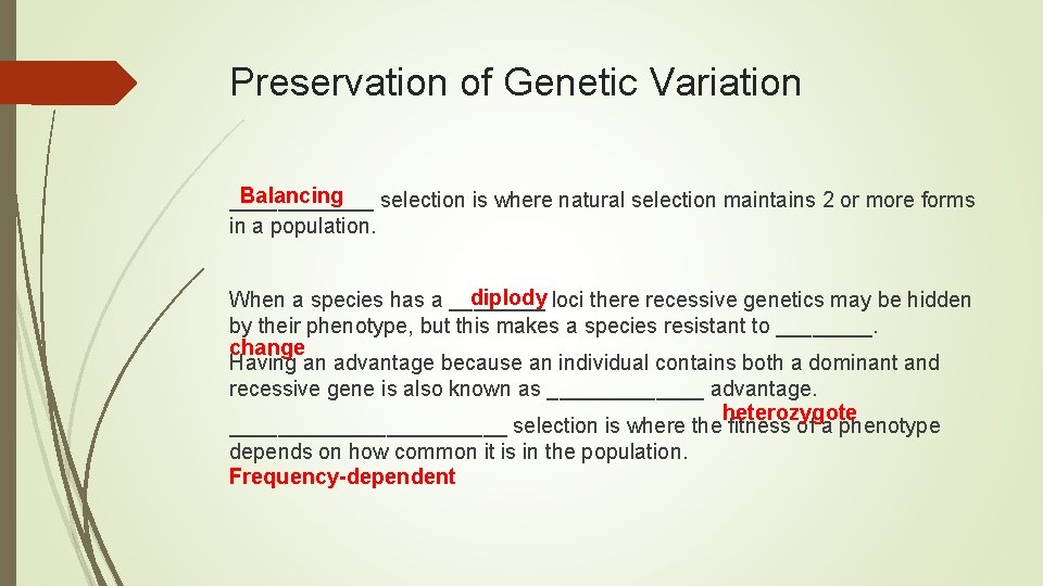 Preservation of Genetic Variation Balancing ______ selection is where natural selection maintains 2 or