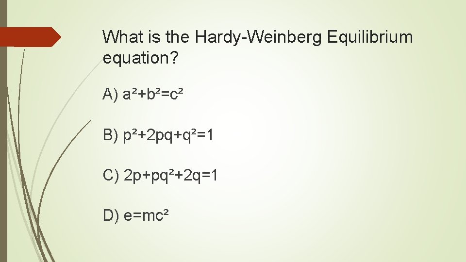 What is the Hardy-Weinberg Equilibrium equation? A) a²+b²=c² B) p²+2 pq+q²=1 C) 2 p+pq²+2