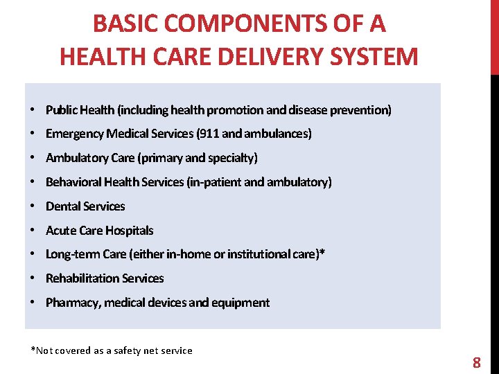 BASIC COMPONENTS OF A HEALTH CARE DELIVERY SYSTEM • Public Health (including health promotion