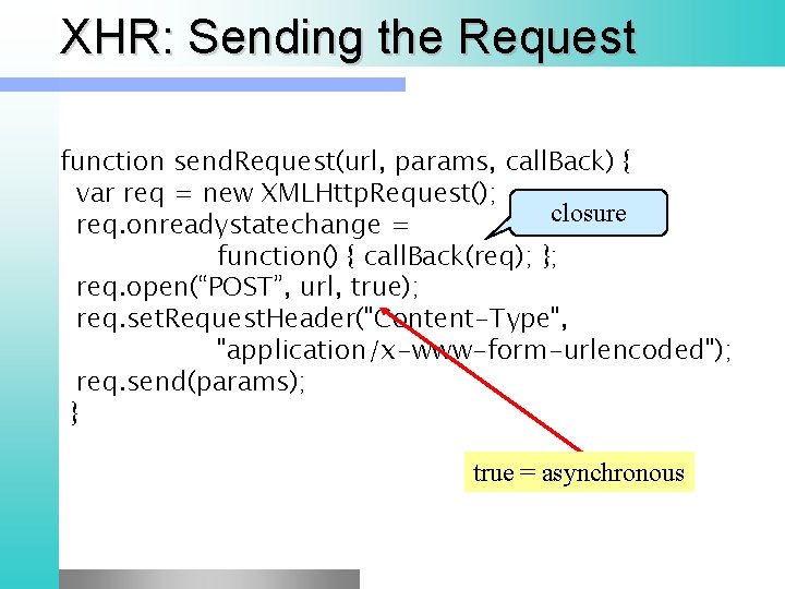 XHR: Sending the Request function send. Request(url, params, call. Back) { var req =