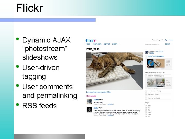 Flickr • Dynamic AJAX • • • “photostream” slideshows User-driven tagging User comments and