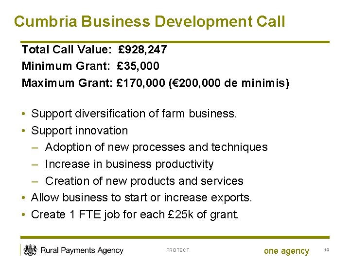 Cumbria Business Development Call Total Call Value: £ 928, 247 Minimum Grant: £ 35,
