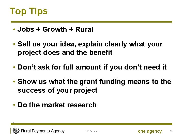 Top Tips • Jobs + Growth + Rural • Sell us your idea, explain