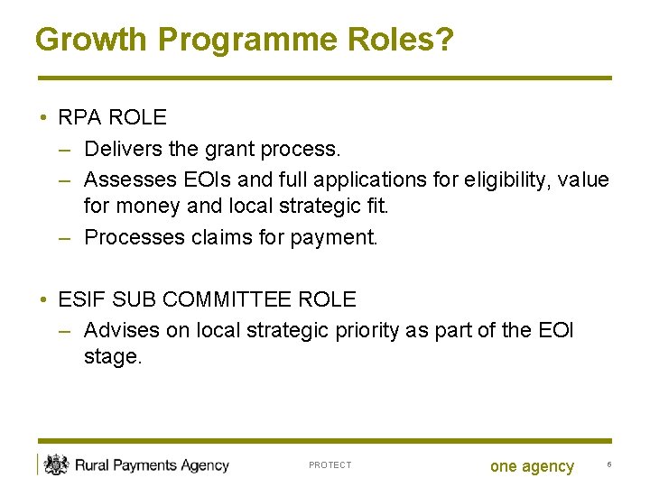Growth Programme Roles? • RPA ROLE – Delivers the grant process. – Assesses EOIs