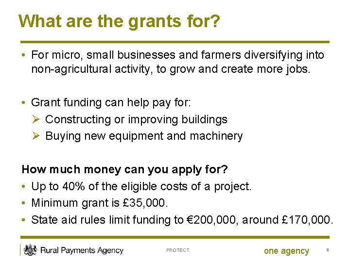 What are the grants for? • For micro, small businesses and farmers diversifying into