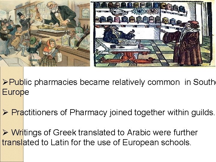 ØPublic pharmacies became relatively common in Southe Europe Ø Practitioners of Pharmacy joined together ØPublic pharmacies became relatively common in Southe Europe Ø Practitioners of Pharmacy joined together