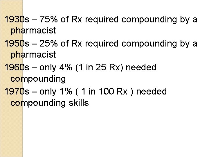1930 s – 75% of Rx required compounding by a pharmacist 1950 s – 1930 s – 75% of Rx required compounding by a pharmacist 1950 s –