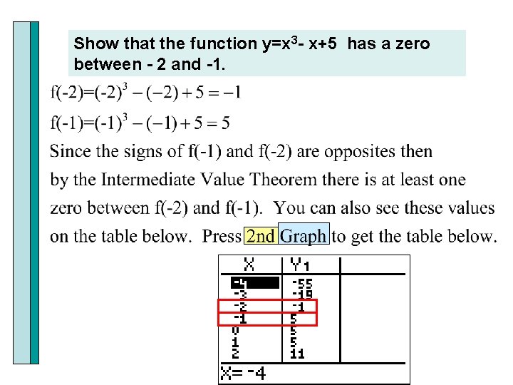 Show that the function y=x 3 - x+5 has a zero between - 2