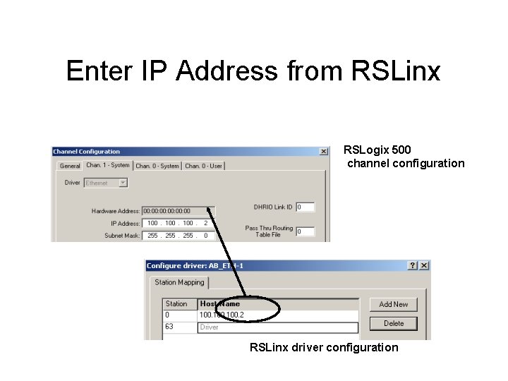 Enter IP Address from RSLinx RSLogix 500 channel configuration RSLinx driver configuration 