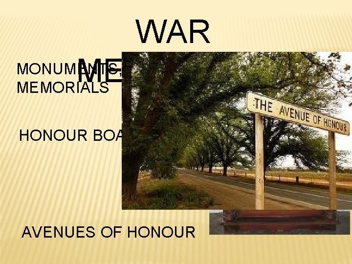 WAR MONUMENTS, CENOTAPH, MEMORIALS HONOUR BOARDS AVENUES OF HONOUR 