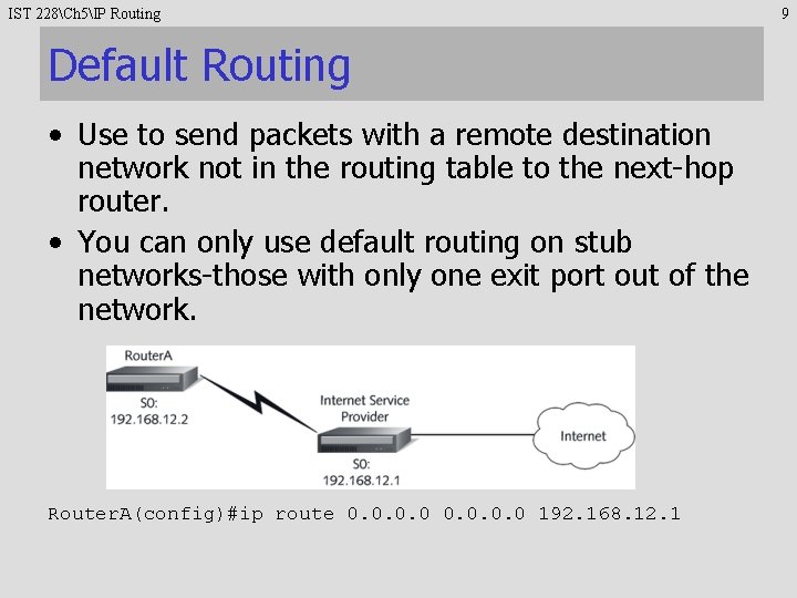IST 228Ch 5IP Routing Default Routing • Use to send packets with a remote