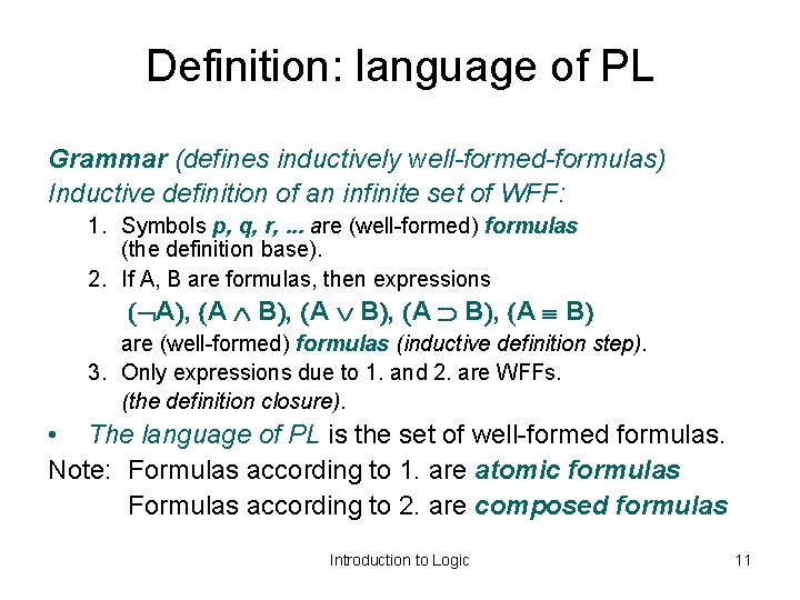 Definition: language of PL Grammar (defines inductively well-formed-formulas) Inductive definition of an infinite set