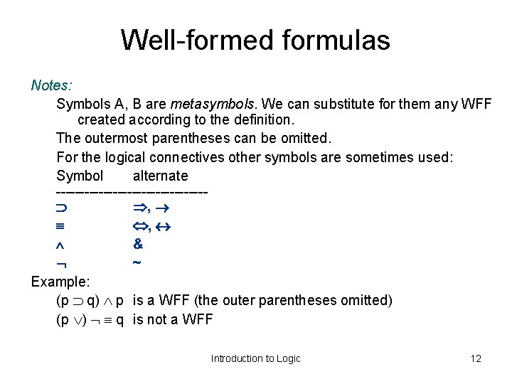 Well-formed formulas Notes: Symbols A, B are metasymbols. We can substitute for them any